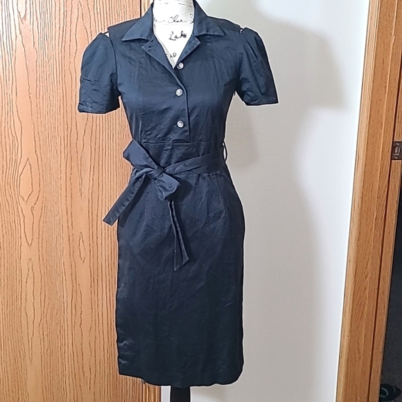 Ports 1961 green button up tie waist shoulder slit collared bodycon wiggle dress - Picture 1 of 4